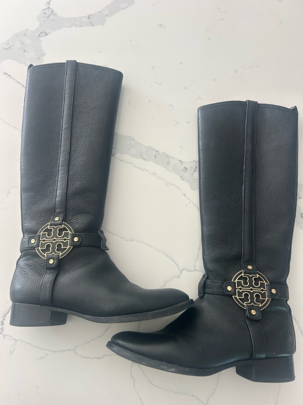 Tory Burch Black Leather  Riding Boots with Gold Logo